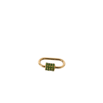 Gold lock-shaped jewelry with green stones on a white background