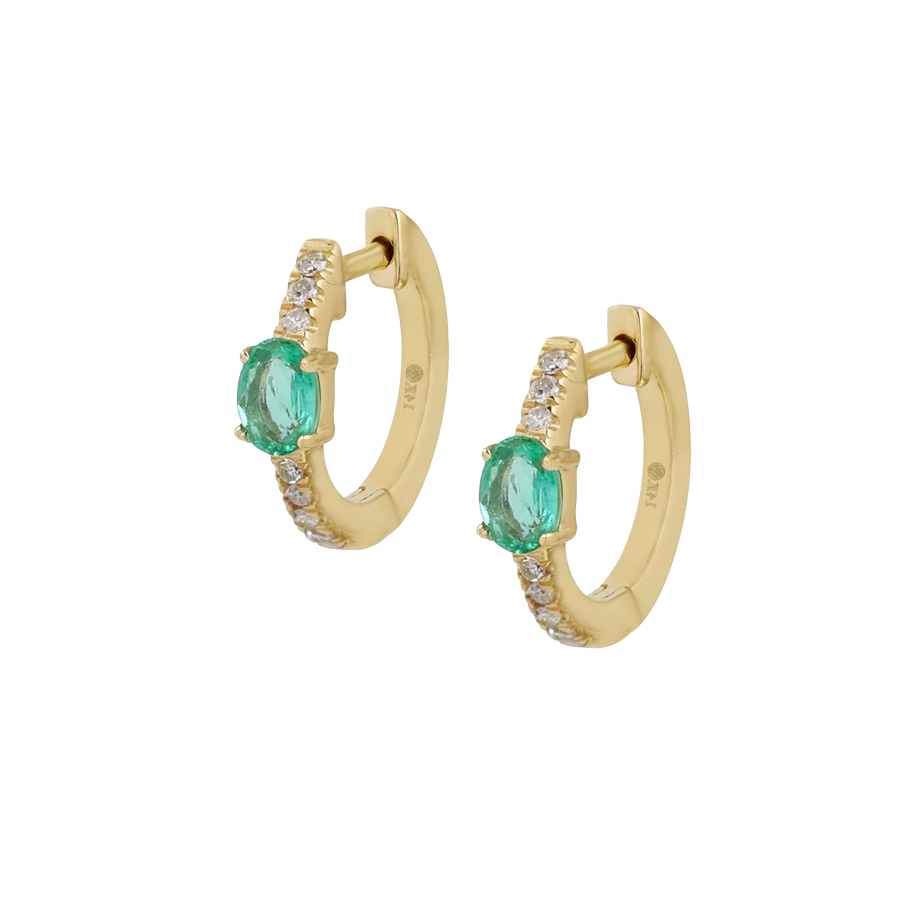 Diamond & Emerald Huggie Gold Earrings 13mm