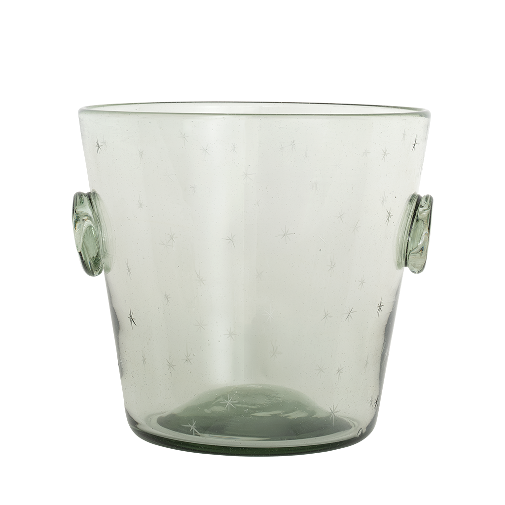 Image of a clear glass ice bucket with button handles on a white background 