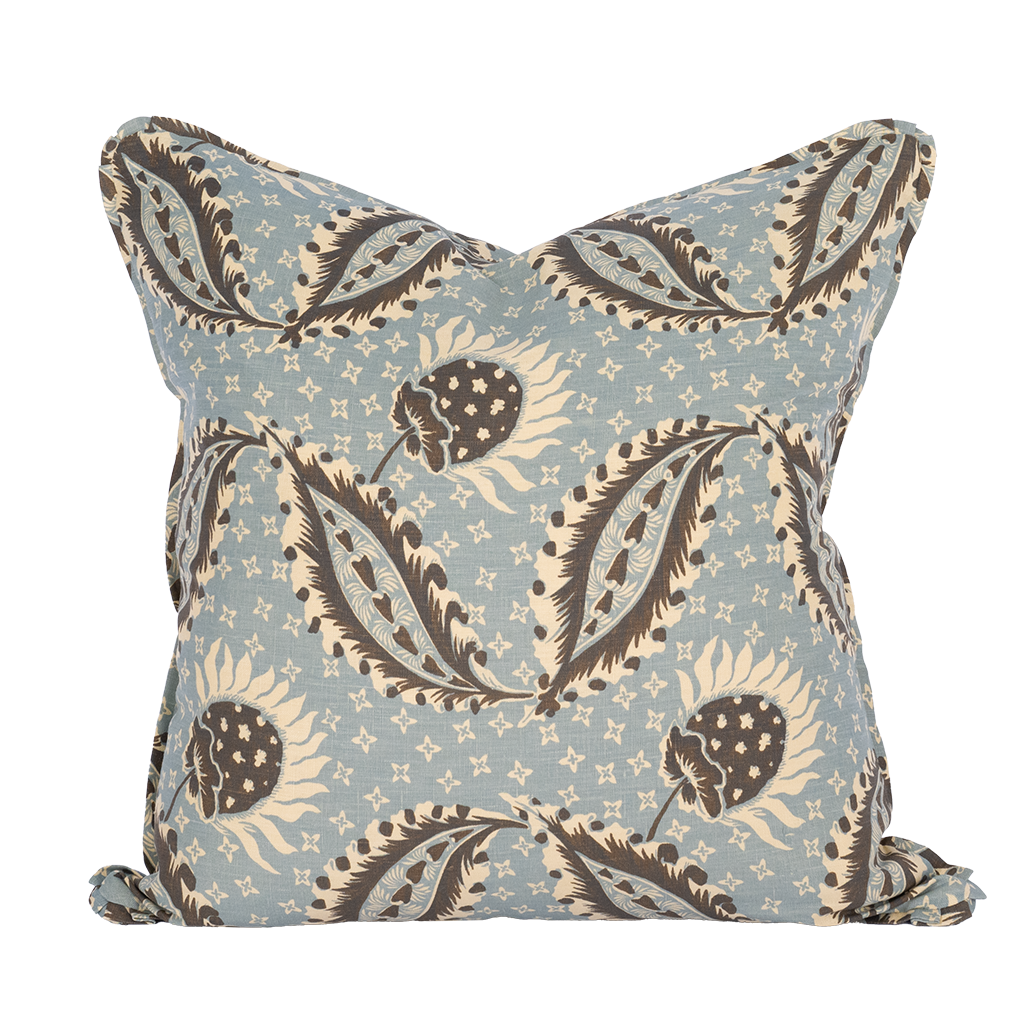 dark brown and light blue patterned pillow