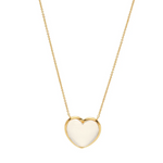 Heart-shaped pendant necklace with gold chain on a white background