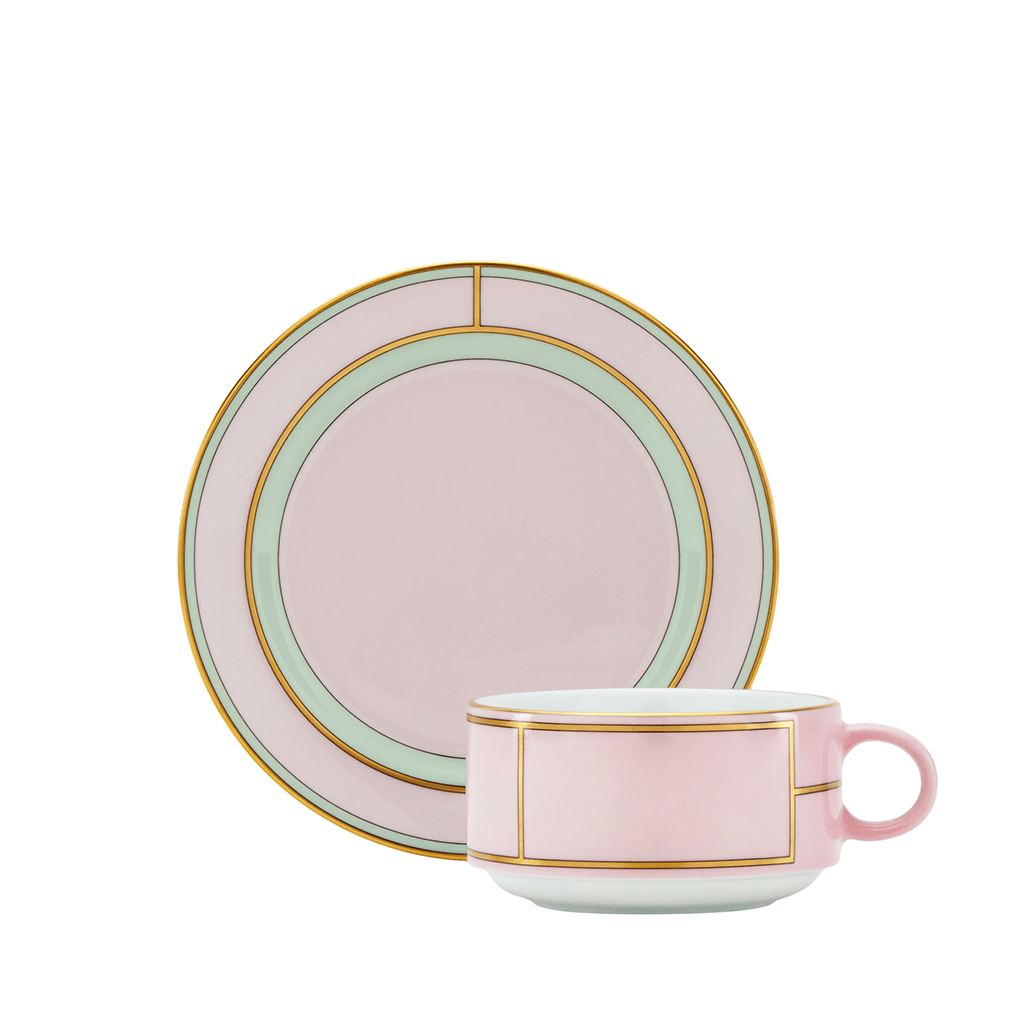 light pink, green and gold tea cup and saucer