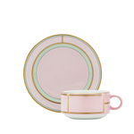 light pink, green and gold tea cup and saucer