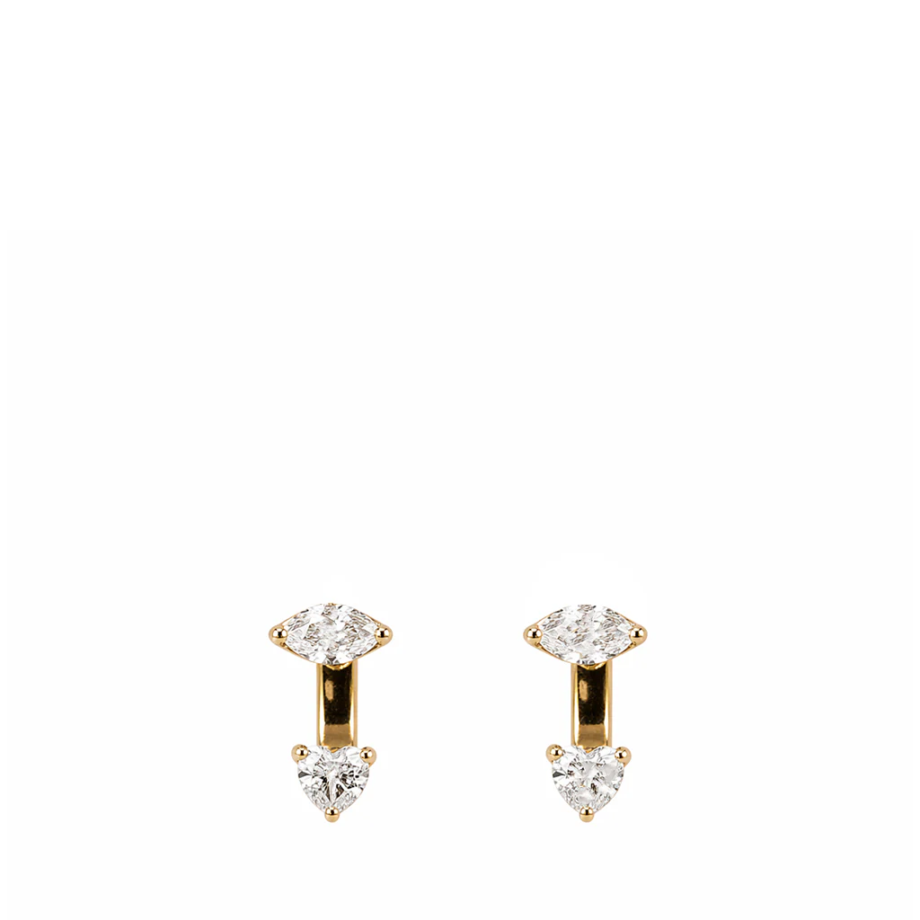 Pair of gold heart-shaped diamond earrings on a white background