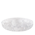 Clear glass bowl with confetti pattern on a white background