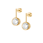A pair of gold drop earrings with round bezel-set clear gemstones, shown on a plain white background.