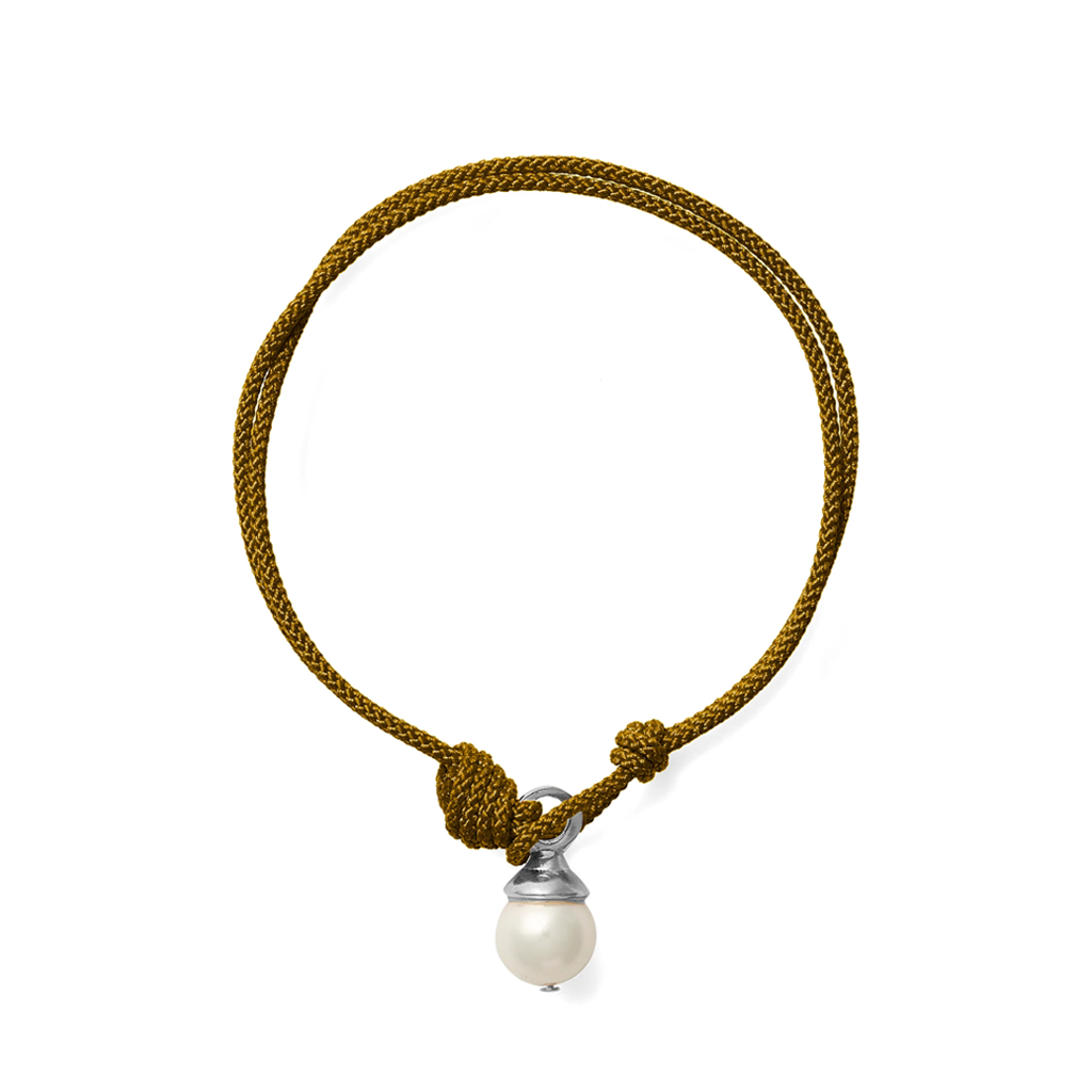 A braided cord bracelet in a warm olive-brown color, featuring a decorative knot closure and a dangling white pearl bead with a silver-toned cap, shown on a plain white background.