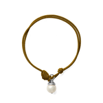 A braided cord bracelet in a warm olive-brown color, featuring a decorative knot closure and a dangling white pearl bead with a silver-toned cap, shown on a plain white background.