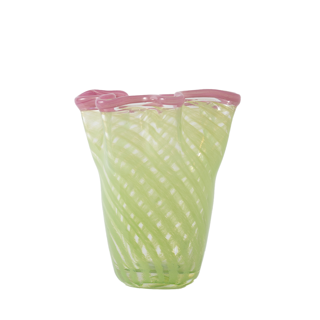 Green plastic bag with pink top on a white background