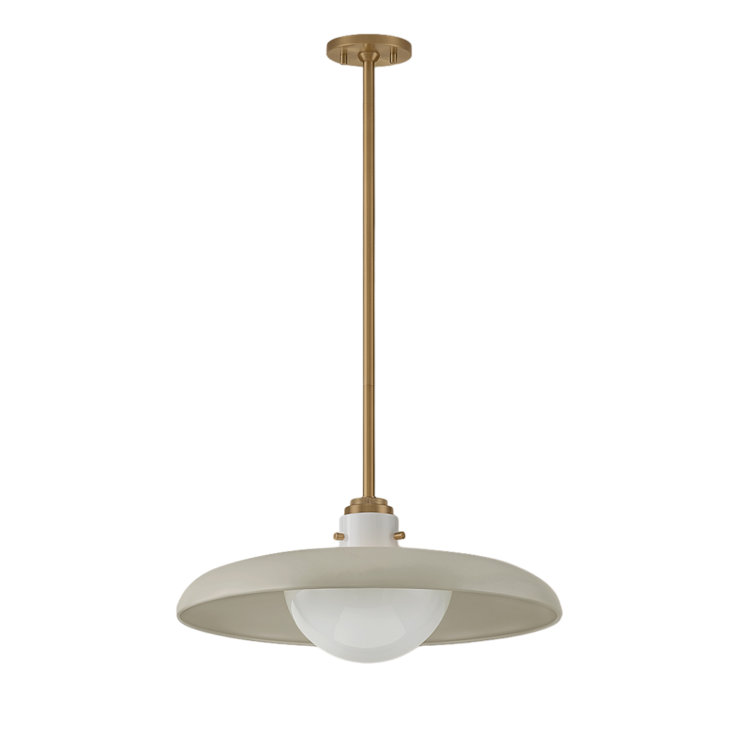 A modern pendant light fixture with a wide, shallow dome shade in a warm off-white finish, a frosted glass globe bulb, and a brushed brass suspension rod and canopy, shown against a solid white background.