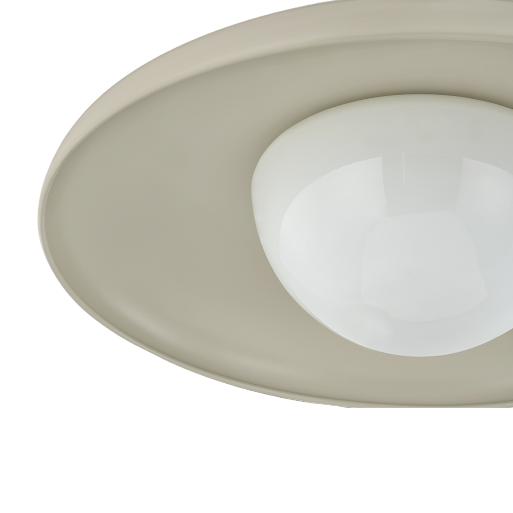 Close-up of a modern ceiling light fixture with a wide, shallow round shade in a warm beige tone and a frosted white glass globe bulb in the center, isolated on a white background.