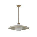 A modern pendant light fixture with a wide, shallow dome-shaped shade in a warm beige finish, a white frosted glass globe bulb, and a vertical brass suspension rod.