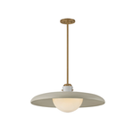 A modern pendant light fixture with a wide, shallow dome-shaped shade in a warm off-white finish, a central white ceramic accent, and a vertical brass-toned metal stem leading to a round ceiling canopy.