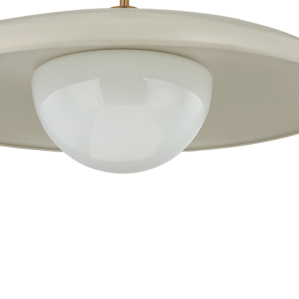 A close-up of a modern ceiling light fixture with a wide, shallow round shade in a warm cream or off-white finish and a central frosted glass dome, shown against a plain white background.