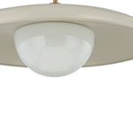 A close-up of a modern ceiling light fixture with a wide, shallow round shade in a warm cream or off-white finish and a central frosted glass dome, shown against a plain white background.