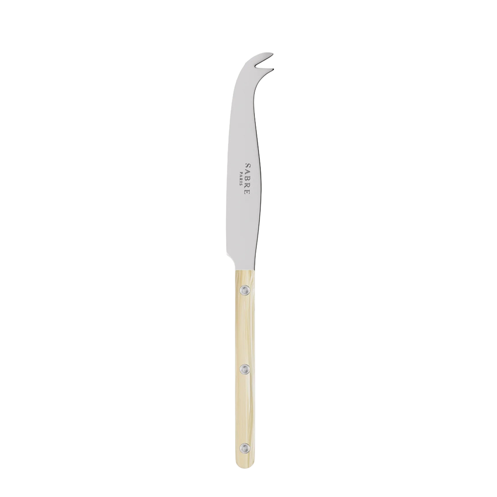 Stainless steel utensil with beige handle on a white background