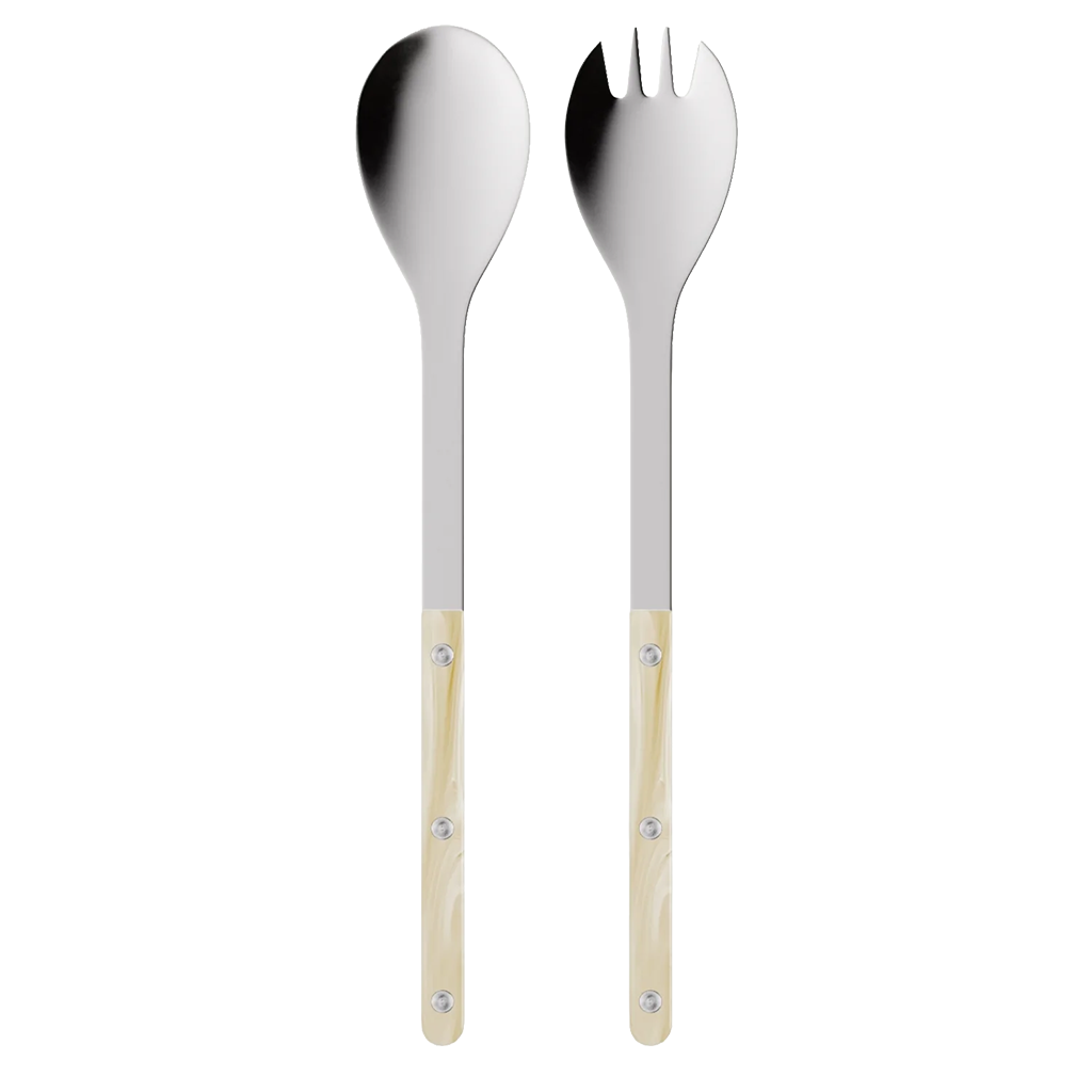 Stainless steel spoon and fork with beige handles on a white background