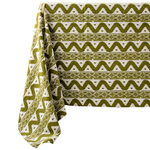 A tablecloth with a bold olive green and white geometric ikat pattern, draped to show its texture and design on a clean white background.