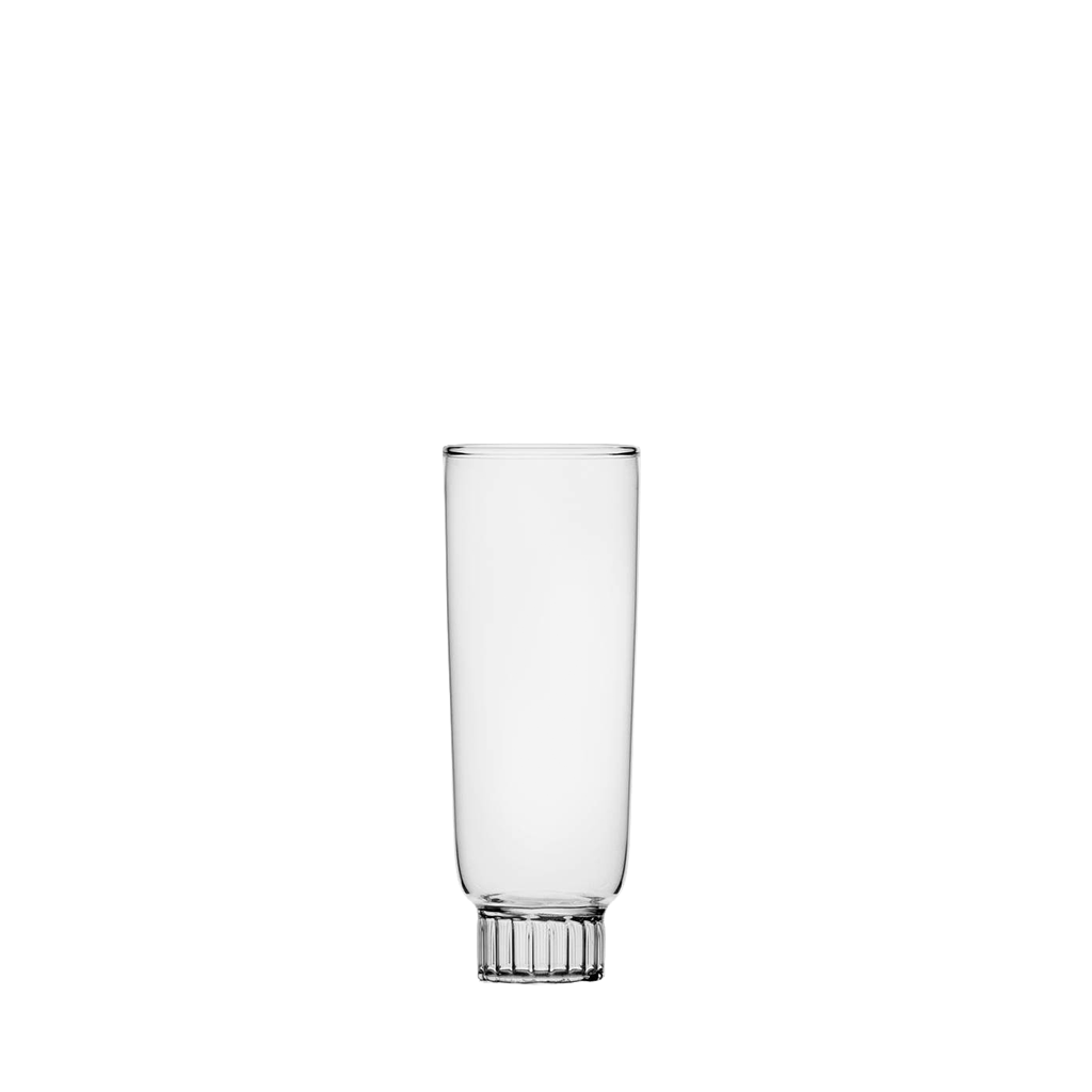 clear glass champagne flute with ribbed base on a white background