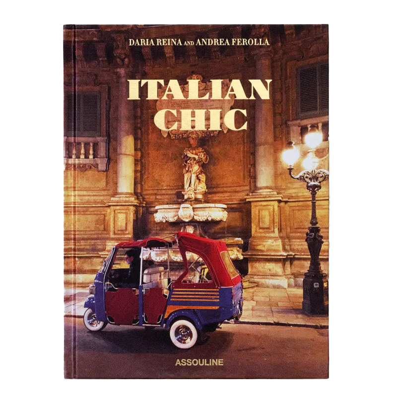 Book titled 'Italian Chic' with a colorful vehicle and classical building on the cover.