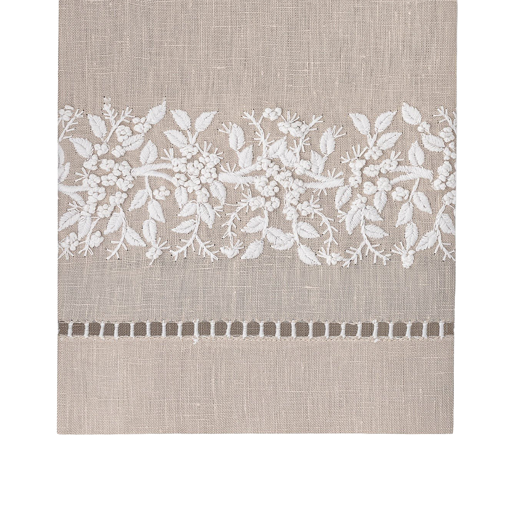 Beige linen tablecloth featuring a wide white floral lace border and a decorative cutwork band near the bottom.