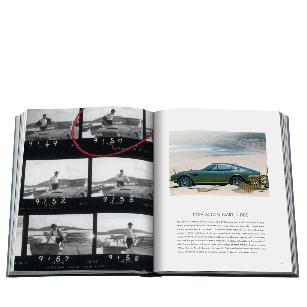 Open book showing a page with black and white photos and a color photo of an Aston Martin DBS.