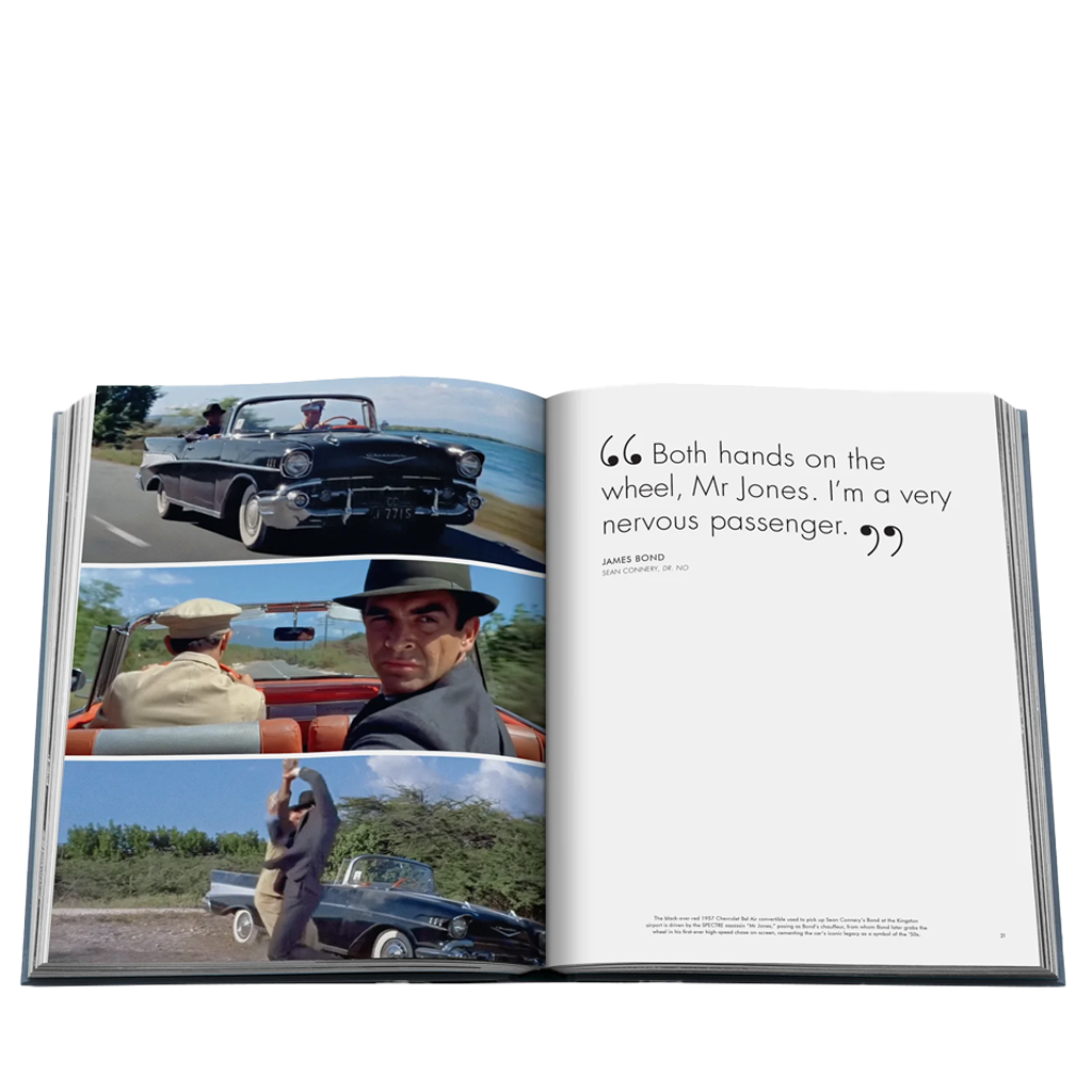 Open book showing scenes from a movie with a car and a man in a hat.