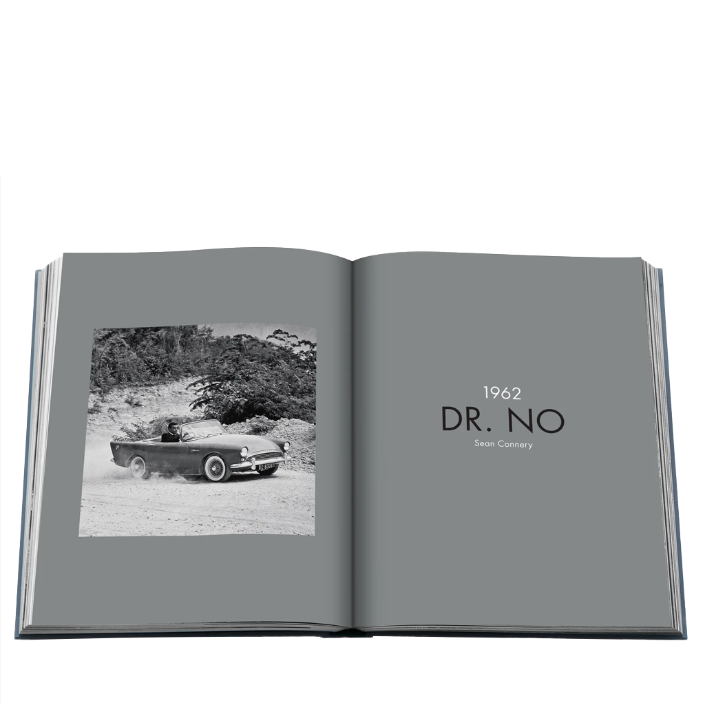 Open book showing a black and white photo of a car and text '1962 DR. NO'