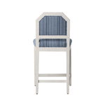 White bar stool with blue cushioned seat and backrest on a white background