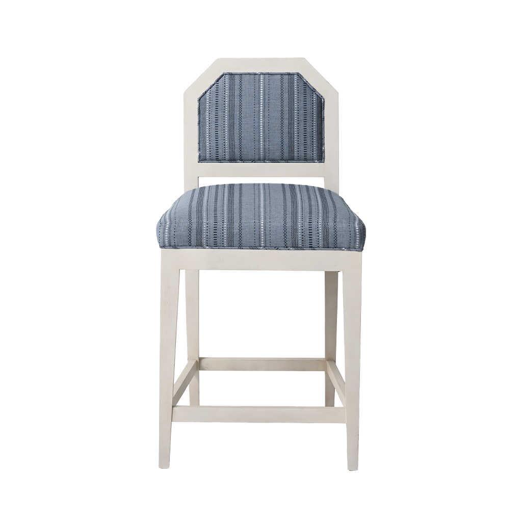 White bar stool with blue striped cushion on a white background