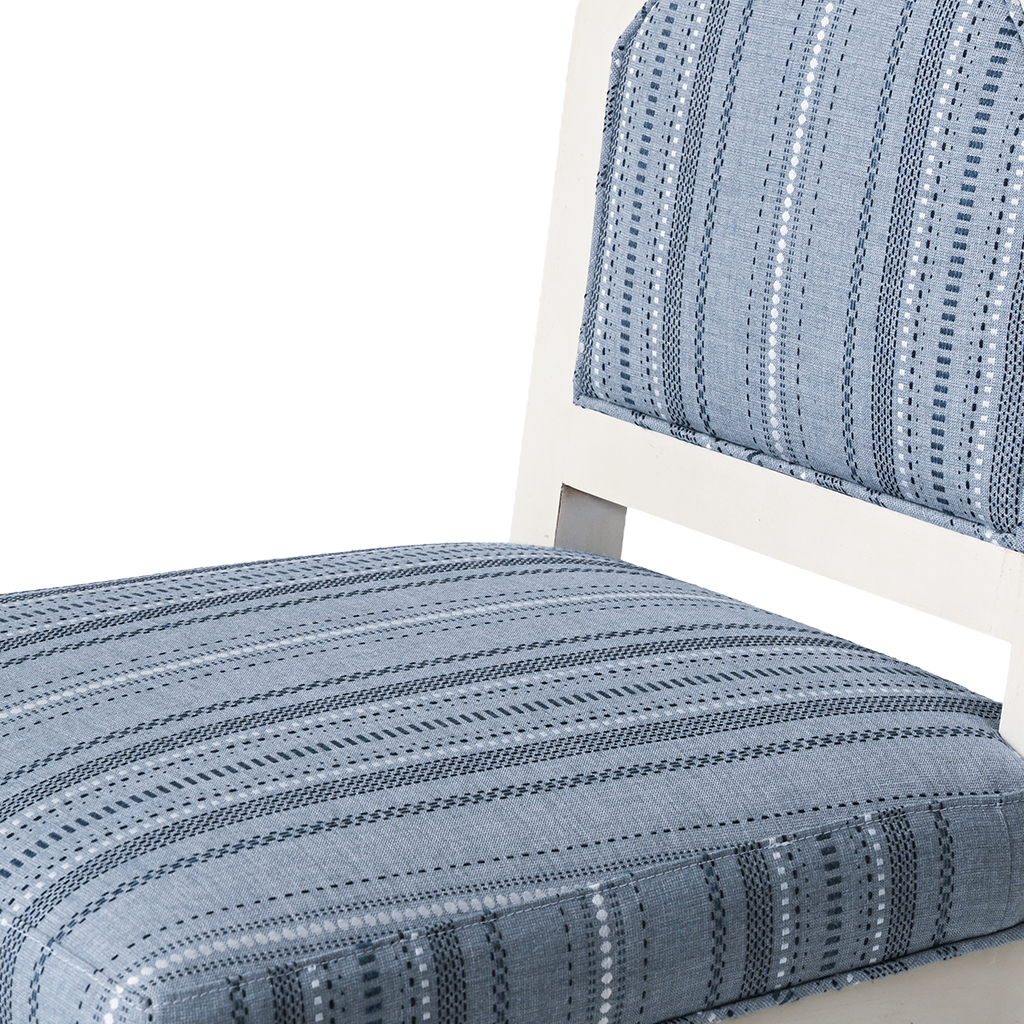 Close-up of a chair with blue striped cushion on a white background