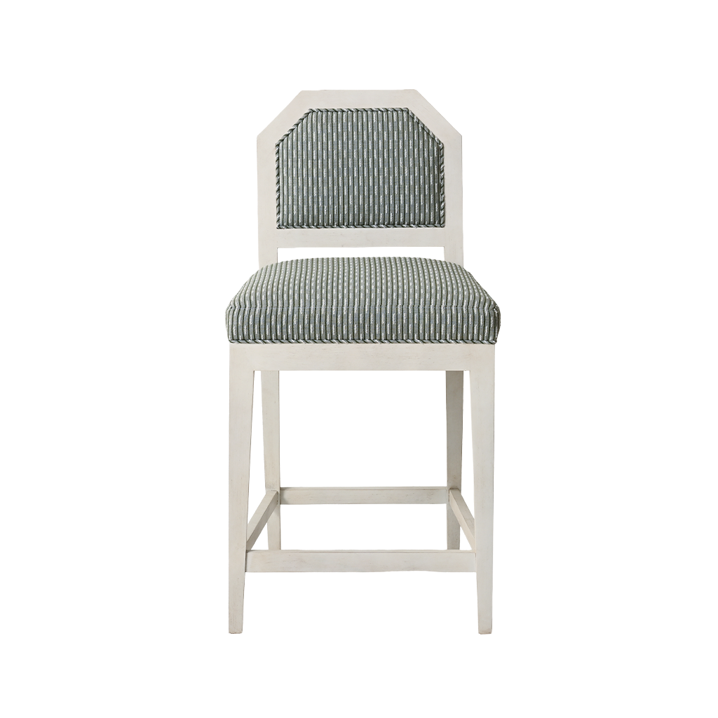 Bar stool with striped cushioned seat and backrest on a white background
