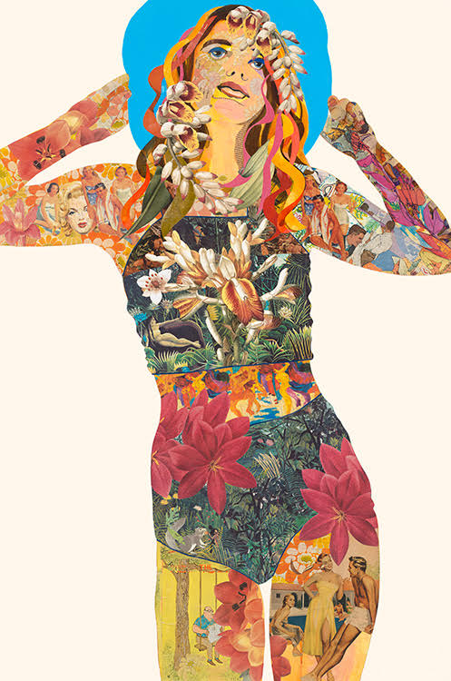 Collage of a person with colorful patterns and images on a white background