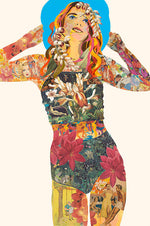 Collage of a person with colorful patterns and images on a white background