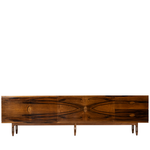 Rosewood sideboard with exotic veneer and mirrored bar compartment.