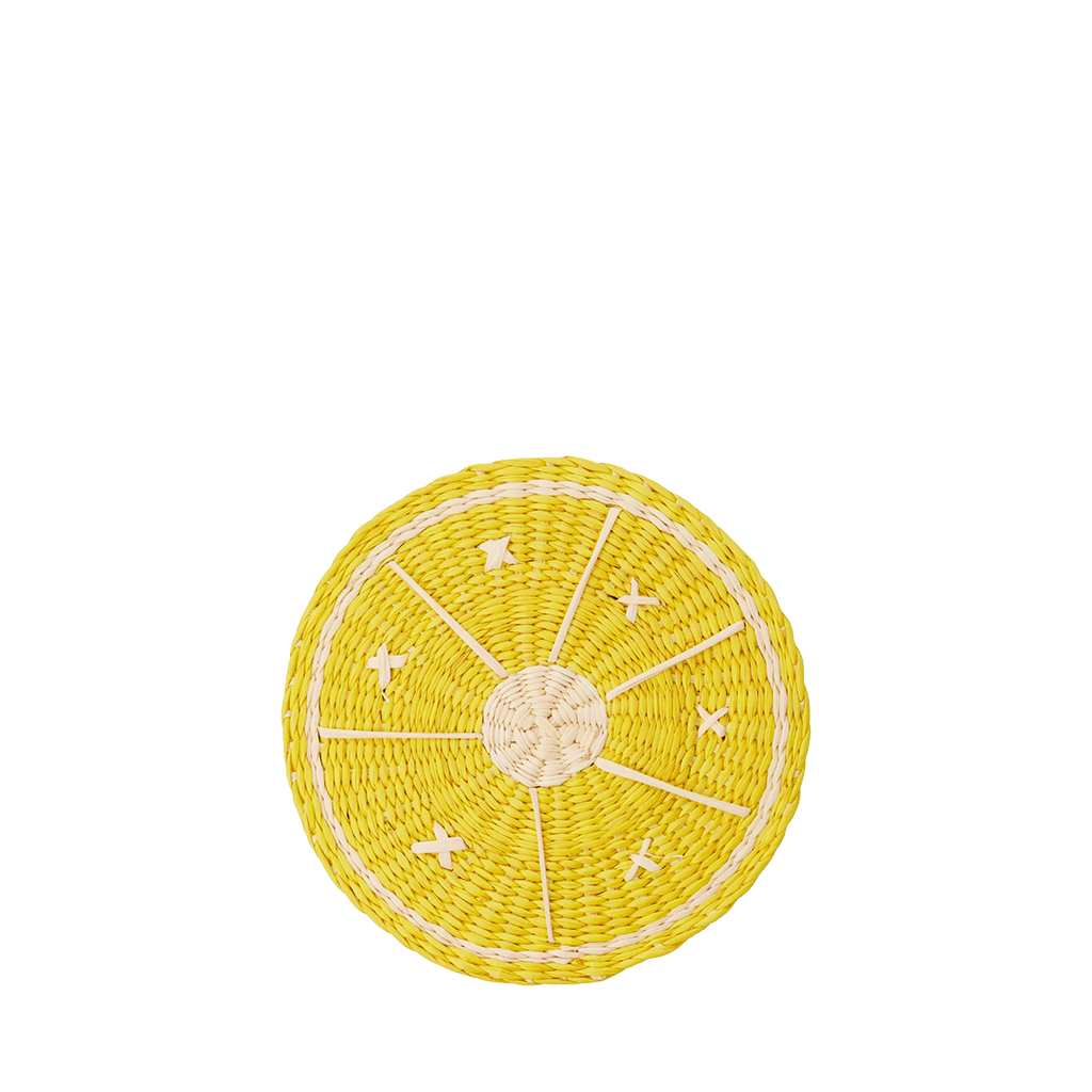 Round yellow coaster made to look like a lemon slice