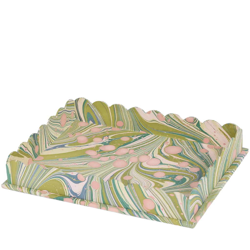 Marbled patterned tray with green, pink, and white colors on a white background