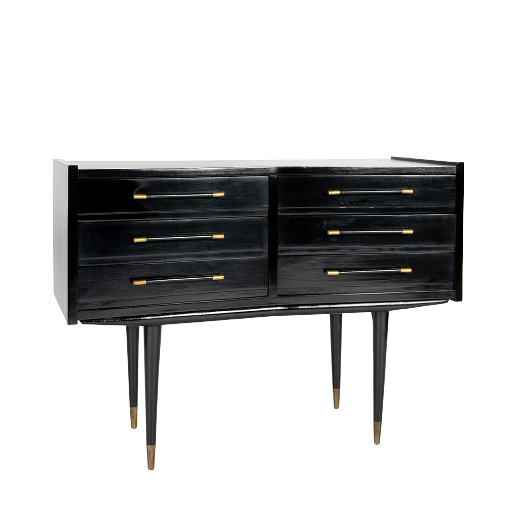 A vintage black chest with black and gold handles on each of the 6 drawers