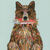 A stylized artwork of a dog made from many fish, holding a pink salmon in its mouth, on a pale blue background.