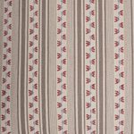 A close-up of a woven textile pattern featuring vertical stripes in taupe and beige, accented with repeating vertical rows of small red and blue stylized motifs.