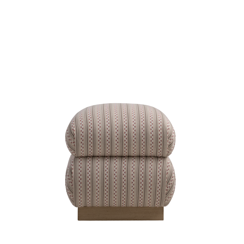 A low, square upholstered ottoman or bench with a beige and brown vertically striped patterned fabric and a solid brown wooden base, shown against a plain white background.