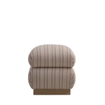 A low, square upholstered ottoman or bench with a beige and brown vertically striped patterned fabric and a solid brown wooden base, shown against a plain white background.