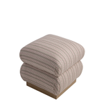 A square upholstered ottoman with a beige fabric top featuring vertical stripes of small red and dark brown dots, resting on a light wood base against a plain white background.