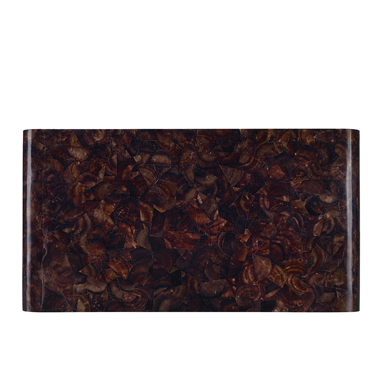 Rectangular wooden table with a dark brown, textured surface on a white background