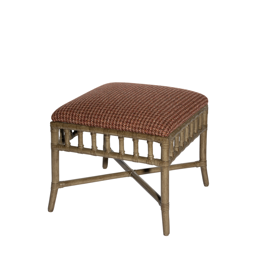 Wicker stool with a woven seat on a white background