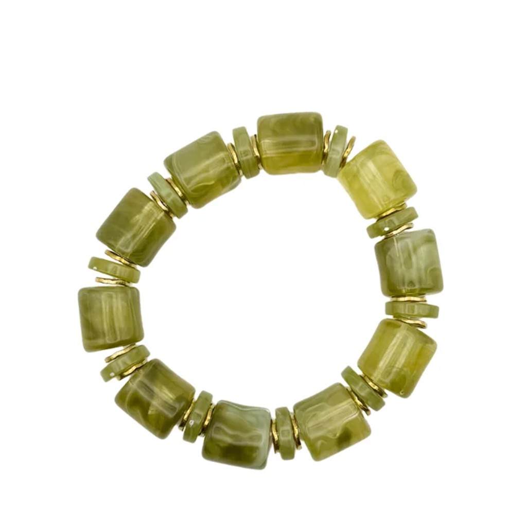 A beaded stretch bracelet made of olive green marbled cylindrical beads separated by small gold spacer rings, shown on a plain white background.