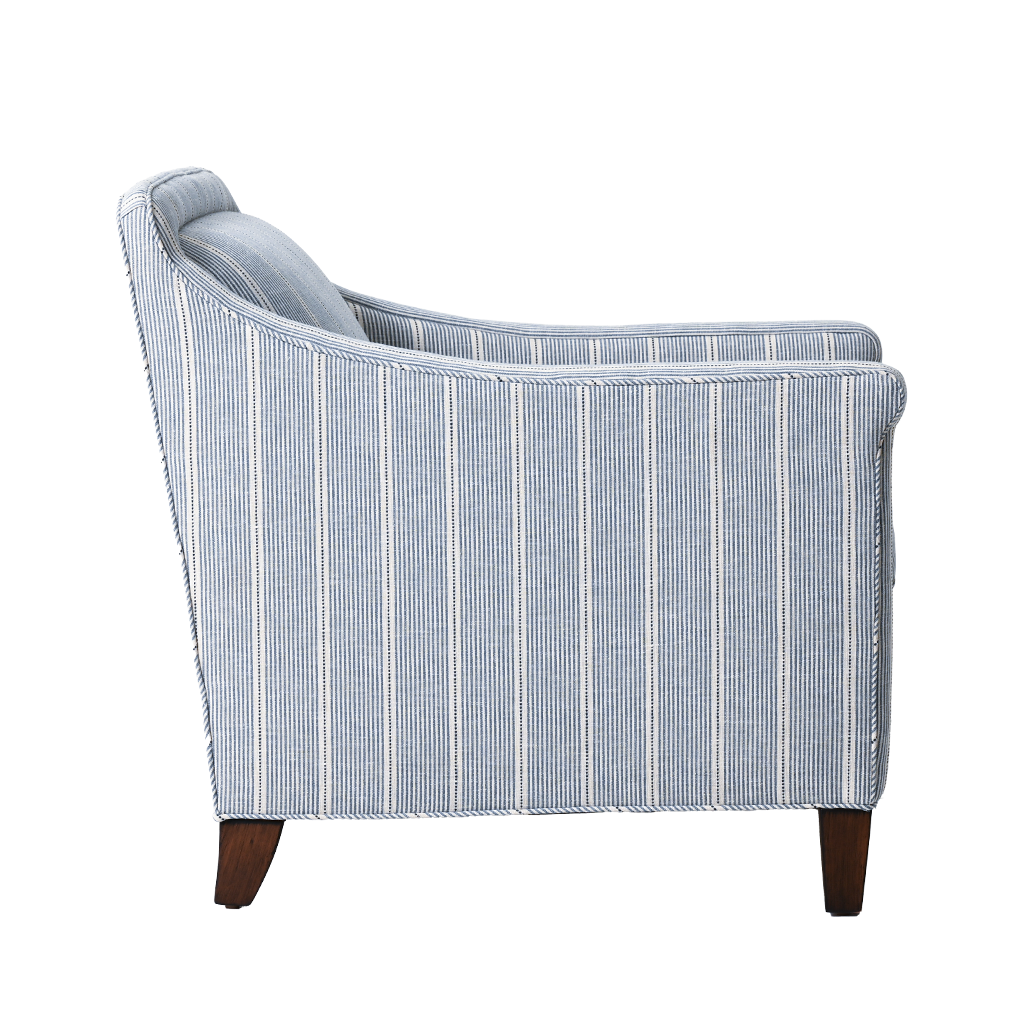 Blue and white striped armchair on a white background