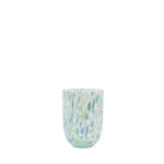 blue and green confetti glass tumbler on a white background