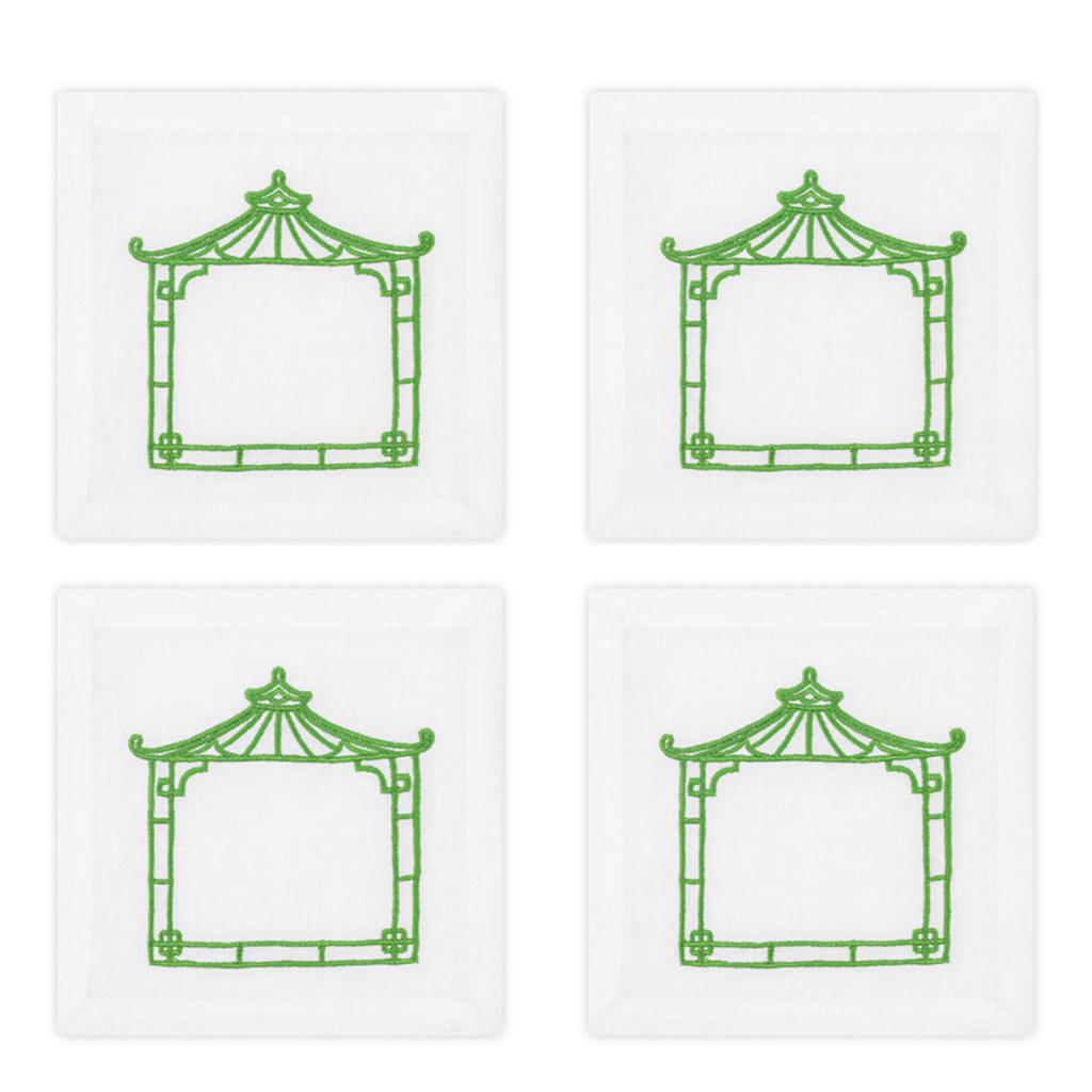 Four green pagoda designs on white background