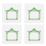 Four green pagoda designs on white background